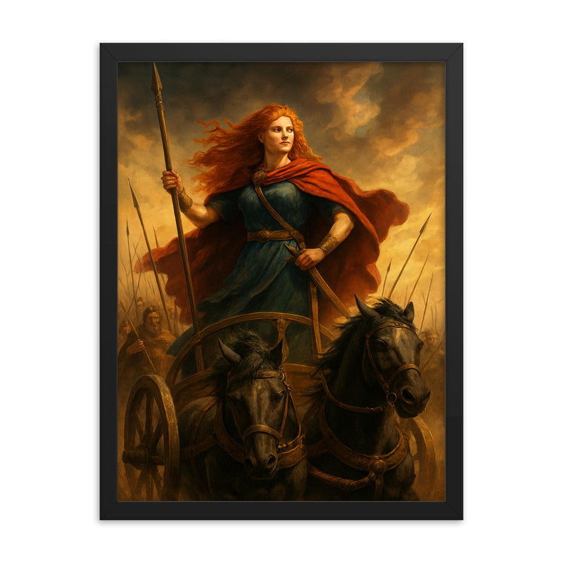 Boudica in her war chariot before battle framed print on a plain backdrop in size 18