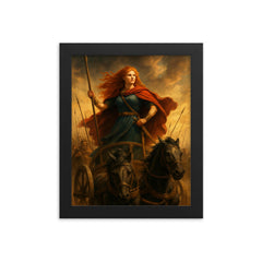 Boudica in her war chariot before battle framed print on a plain backdrop in size 8"x10".