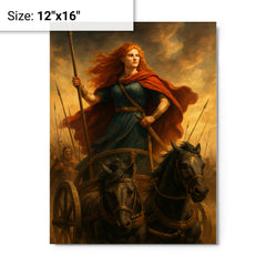 Boudica in her war chariot before battle metal print on a plain backdrop in size 12"x16".