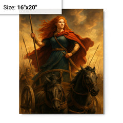 Boudica in her war chariot before battle metal print on a plain backdrop in size 16"x20".