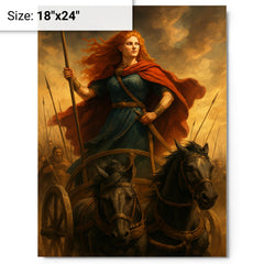 Boudica in her war chariot before battle metal print on a plain backdrop in size 18"x24".