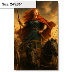 Boudica in her war chariot before battle metal print on a plain backdrop in size 24"x36".