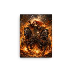 Boudica in war chariot amid flames canvas print on a plain backdrop in size 12"x16".