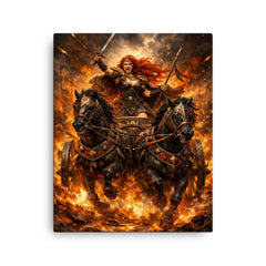 Boudica in war chariot amid flames canvas print on a plain backdrop in size 16"x20".