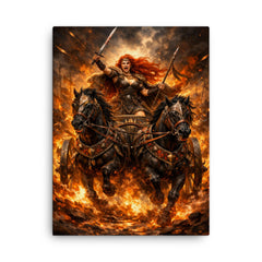 Boudica in war chariot amid flames canvas print on a plain backdrop in size 18"x24".