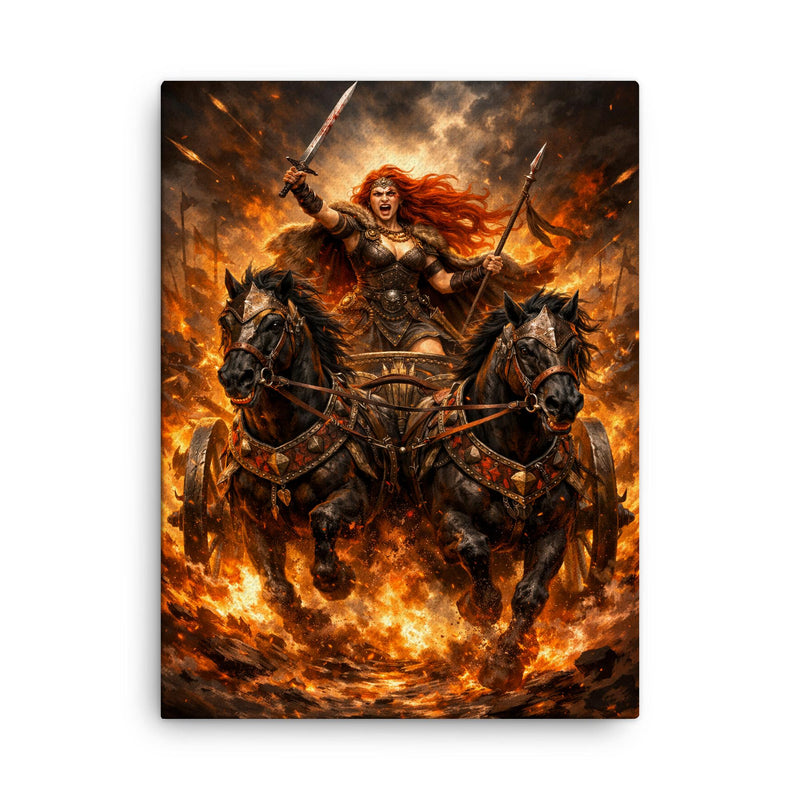 Boudica in war chariot amid flames canvas print on a plain backdrop in size 18
