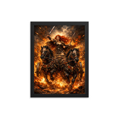 Boudica in war chariot amid flames framed print on a plain backdrop in size 12"x16".