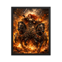 Boudica in war chariot amid flames framed print on a plain backdrop in size 16"x20".