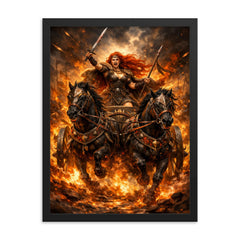 Boudica in war chariot amid flames framed print on a plain backdrop in size 18"x24".