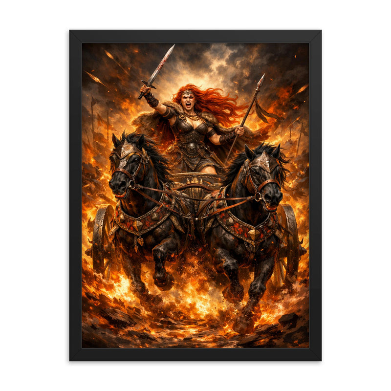 Boudica in war chariot amid flames framed print on a plain backdrop in size 18