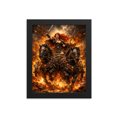 Boudica in war chariot amid flames framed print on a plain backdrop in size 8"x10".