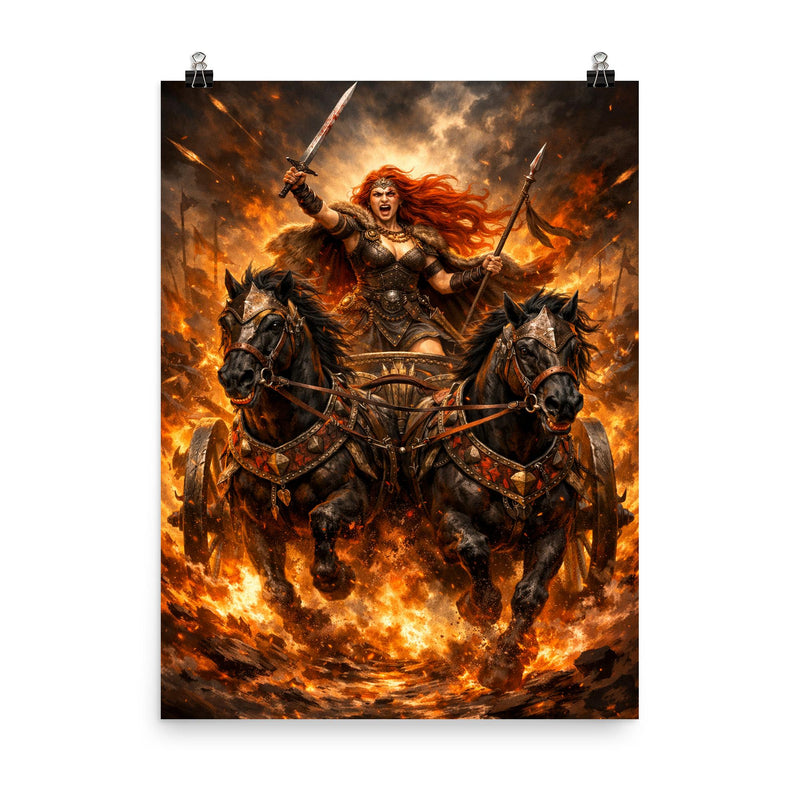 Boudica in war chariot amid flames poster on a plain backdrop in size 8