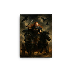 Boudica in war chariot under raven skies canvas print on a plain backdrop in size 12"x16".