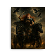Boudica in war chariot under raven skies canvas print on a plain backdrop in size 16"x20".