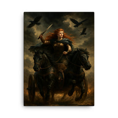 Boudica in war chariot under raven skies canvas print on a plain backdrop in size 18"x24".