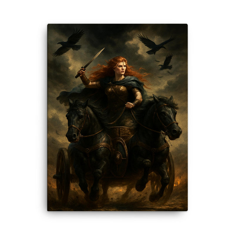 Boudica in war chariot under raven skies canvas print on a plain backdrop in size 18