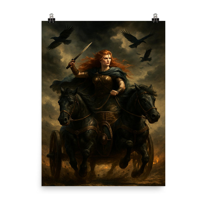 Boudica in war chariot under raven skies poster on a plain backdrop in size 8