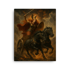 Boudica war chariot charge through ash and thunder canvas print on a plain backdrop in size 16"x20".