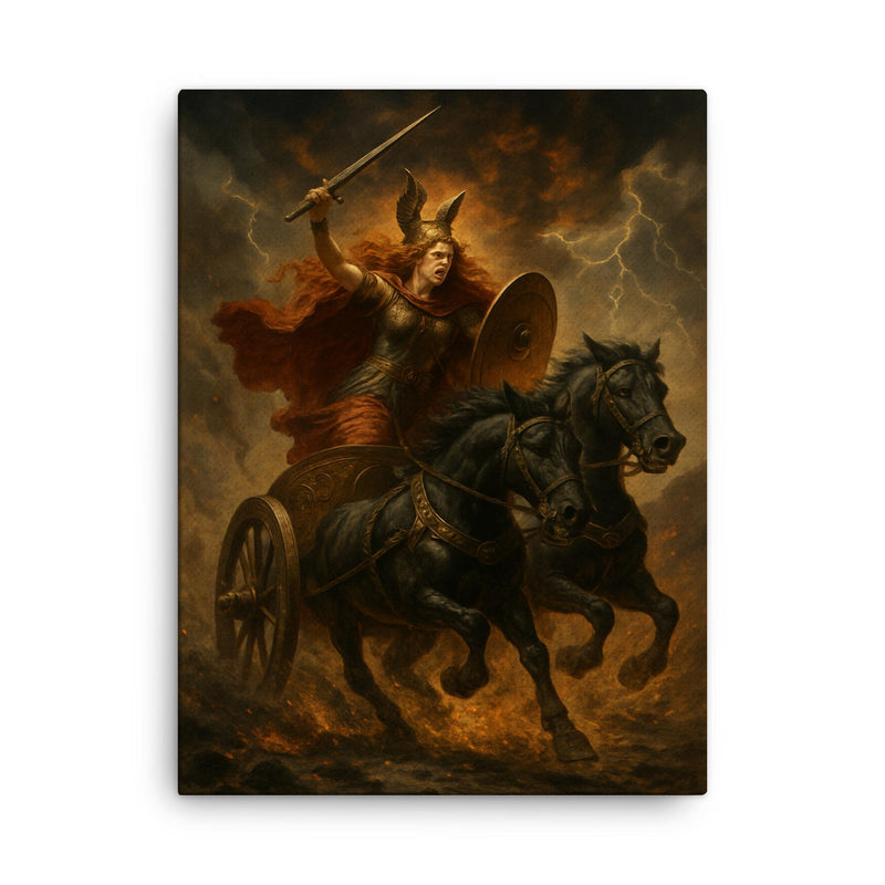 Boudica war chariot charge through ash and thunder canvas print on a plain backdrop in size 18