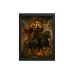 Boudica war chariot charge through ash and thunder framed print on a plain backdrop in size 12"x16".