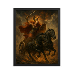 Boudica war chariot charge through ash and thunder framed print on a plain backdrop in size 16"x20".