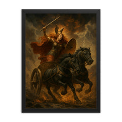 Boudica war chariot charge through ash and thunder framed print on a plain backdrop in size 18"x24".
