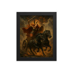 Boudica war chariot charge through ash and thunder framed print on a plain backdrop in size 8"x10".