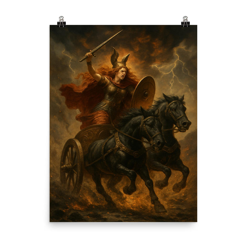 Boudica war chariot charge through ash and thunder poster on a plain backdrop in size 8