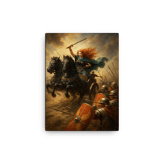 Boudica war chariot charge through Roman shield wall canvas print on a plain backdrop in size 12"x16".