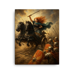Boudica war chariot charge through Roman shield wall canvas print on a plain backdrop in size 16"x20".