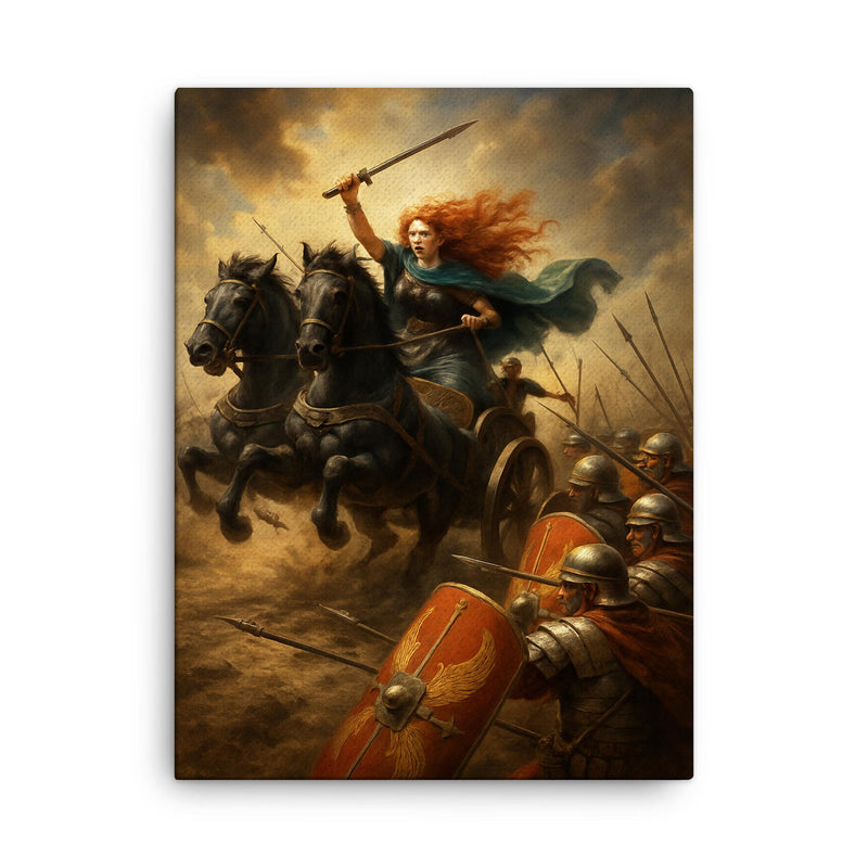 Boudica war chariot charge through Roman shield wall canvas print on a plain backdrop in size 18