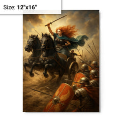 Boudica war chariot charge through Roman shield wall metal print on a plain backdrop in size 12"x16".
