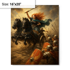 Boudica war chariot charge through Roman shield wall metal print on a plain backdrop in size 16"x20".
