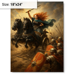 Boudica war chariot charge through Roman shield wall metal print on a plain backdrop in size 18"x24".