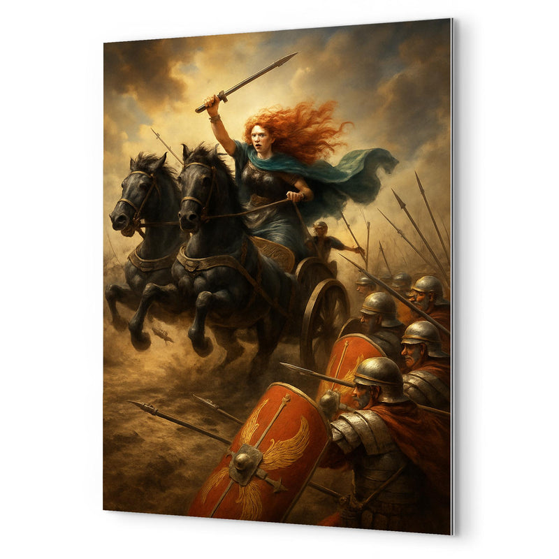 Boudica war chariot charge through Roman shield wall metal print mockup