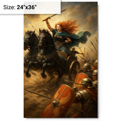 Boudica war chariot charge through Roman shield wall metal print on a plain backdrop in size 24"x36".