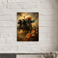 Boudica war chariot charge through Roman shield wall metal print mockup