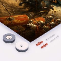 Boudica war chariot charge through Roman shield wall metal print mockup