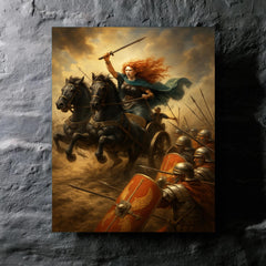 Boudica war chariot charge through Roman shield wall metal print mockup