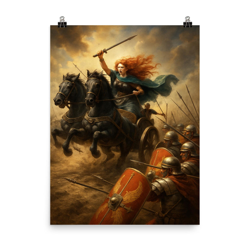 Boudica war chariot charge through Roman shield wall poster on a plain backdrop in size 8