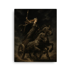 Boudica war chariot under black sky canvas print on a plain backdrop in size 16"x20".