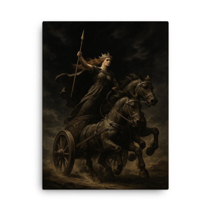 Boudica war chariot under black sky canvas print on a plain backdrop in size 18
