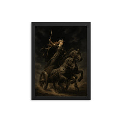 Boudica war chariot under black sky framed print on a plain backdrop in size 12"x16".