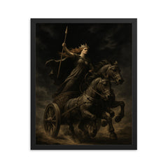 Boudica war chariot under black sky framed print on a plain backdrop in size 16"x20".