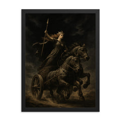 Boudica war chariot under black sky framed print on a plain backdrop in size 18"x24".