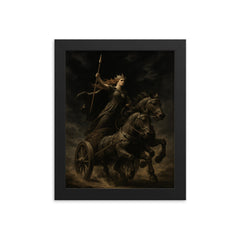 Boudica war chariot under black sky framed print on a plain backdrop in size 8"x10".