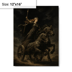 Boudica war chariot under black sky metal print on a plain backdrop in size 12"x16".