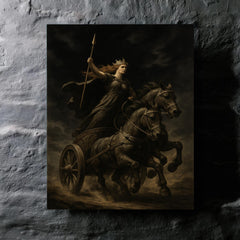 Boudica war chariot under black sky metal print mockup