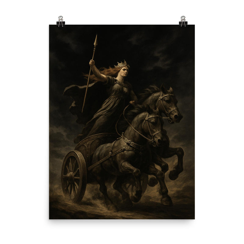 Boudica war chariot under black sky poster on a plain backdrop in size 8