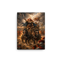 Boudica's war chariot before Roman lines canvas print on a plain backdrop in size 12"x16".